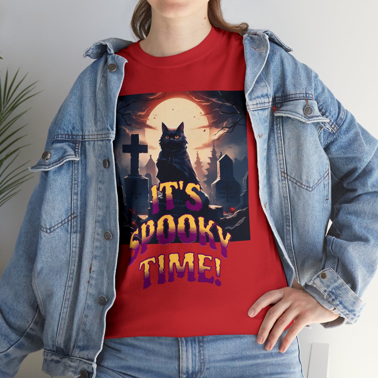 Unisex Cotton T-Shirt Vampire Cat in Spooky Graveyard Halloween Tee