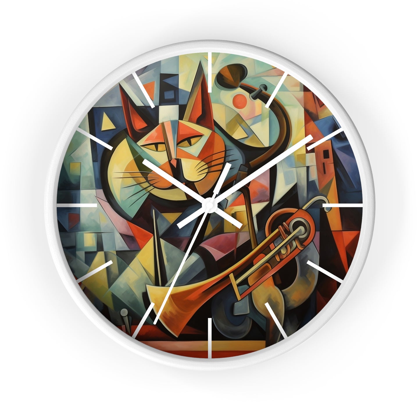 Wall Clock Trumpeter Cat Play Trumpet Music Cubism Graphic Home Decor