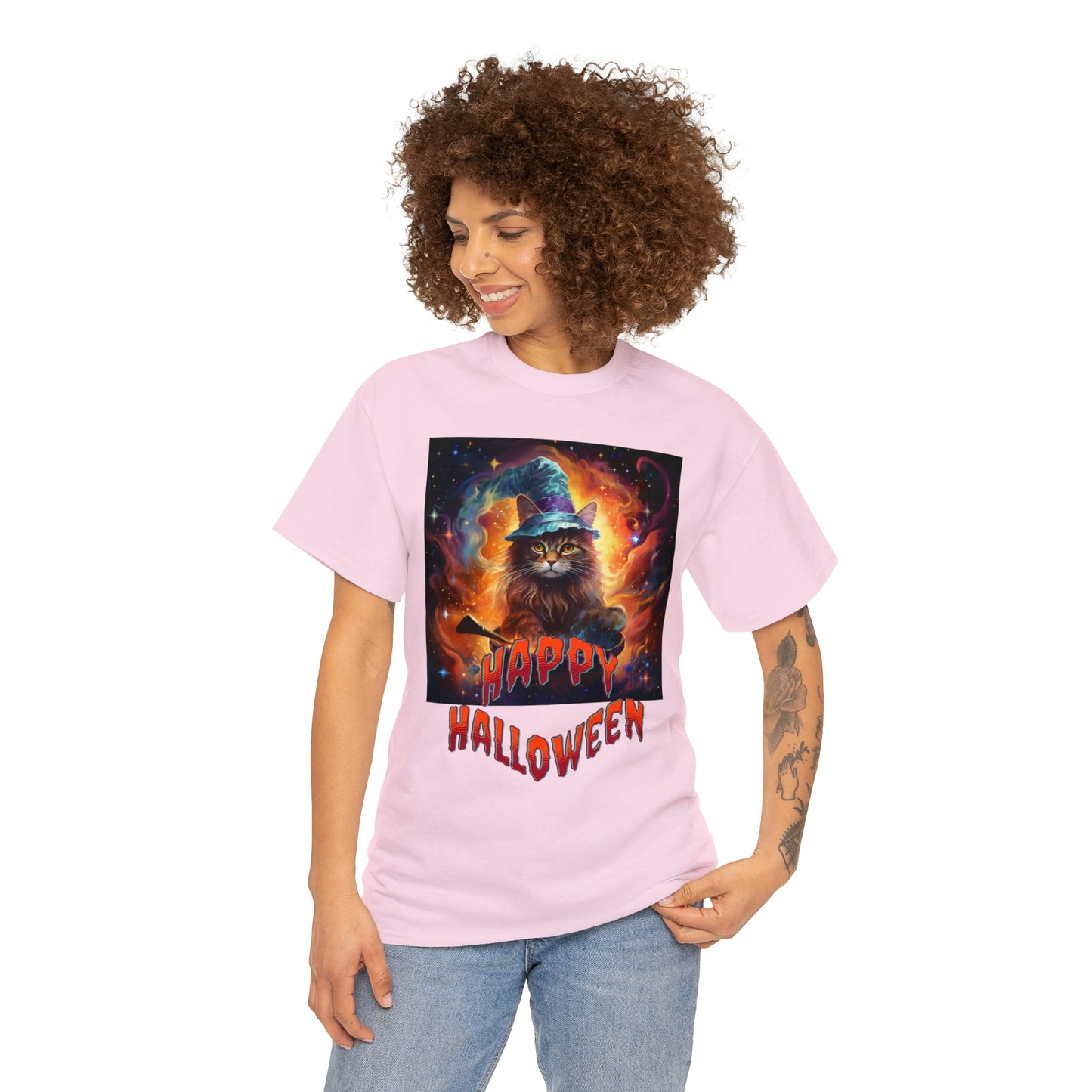 Unisex Cotton T-Shirt Happy Halloween Wizard Cat Graphic Costume Tee