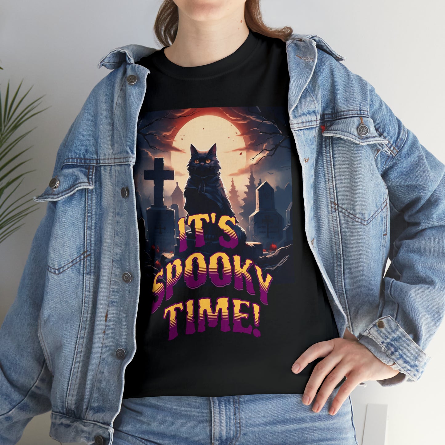 Unisex Cotton T-Shirt Vampire Cat in Spooky Graveyard Halloween Tee