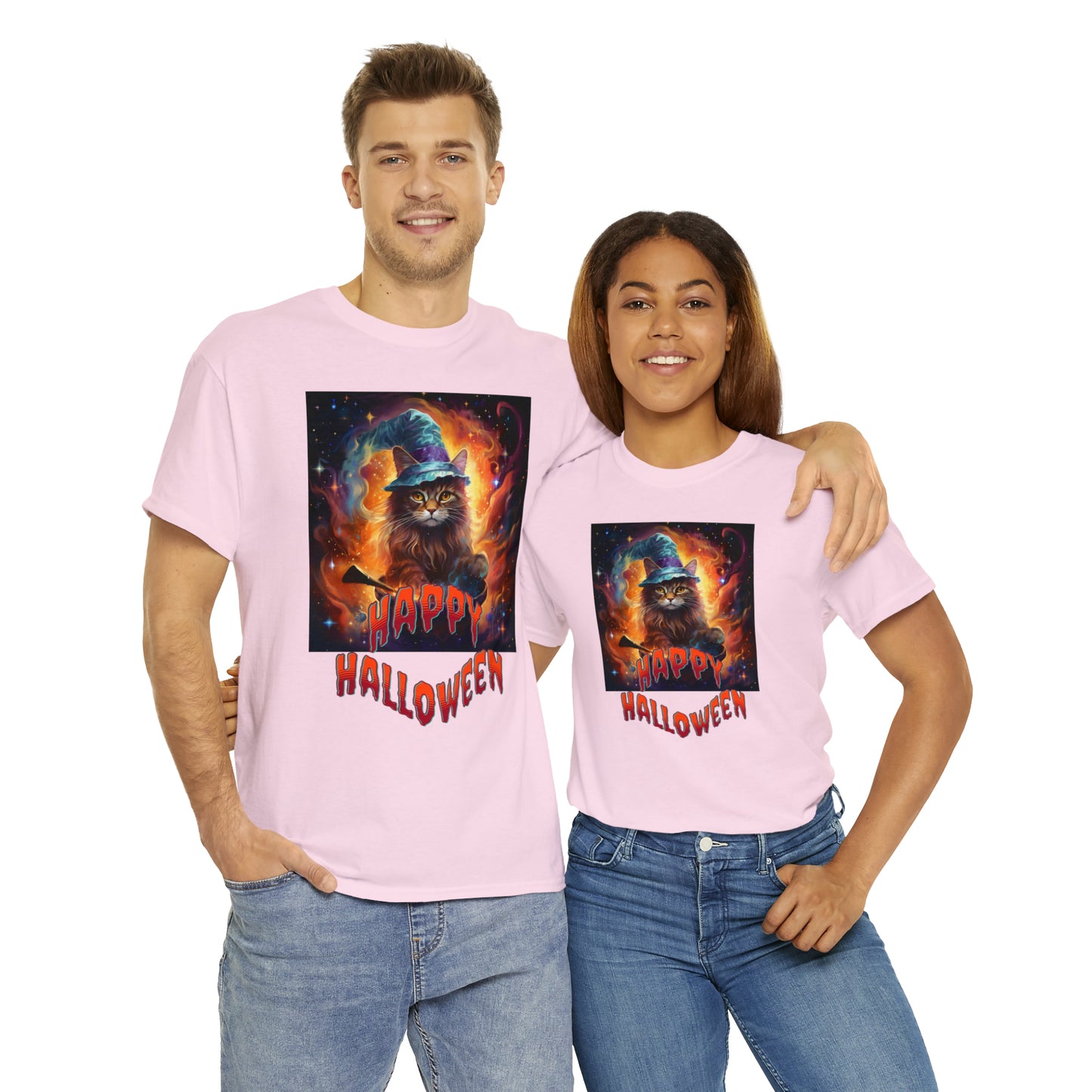 Unisex Cotton T-Shirt Happy Halloween Wizard Cat Graphic Costume Tee