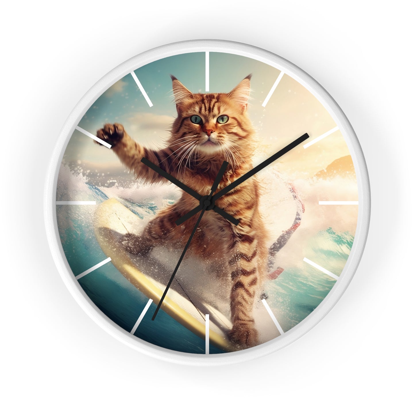 Wall Clock Brown Tabby Cat Surfing at Beach Home Decor