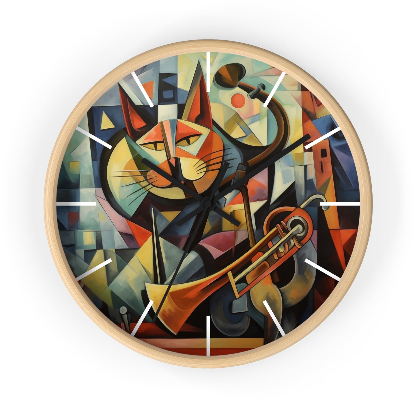 Wall Clock Trumpeter Cat Play Trumpet Music Cubism Graphic Home Decor
