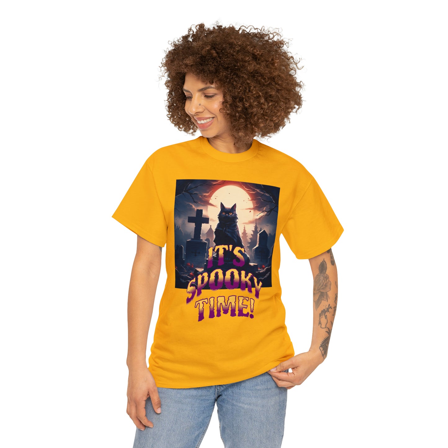 Unisex Cotton T-Shirt Vampire Cat in Spooky Graveyard Halloween Tee