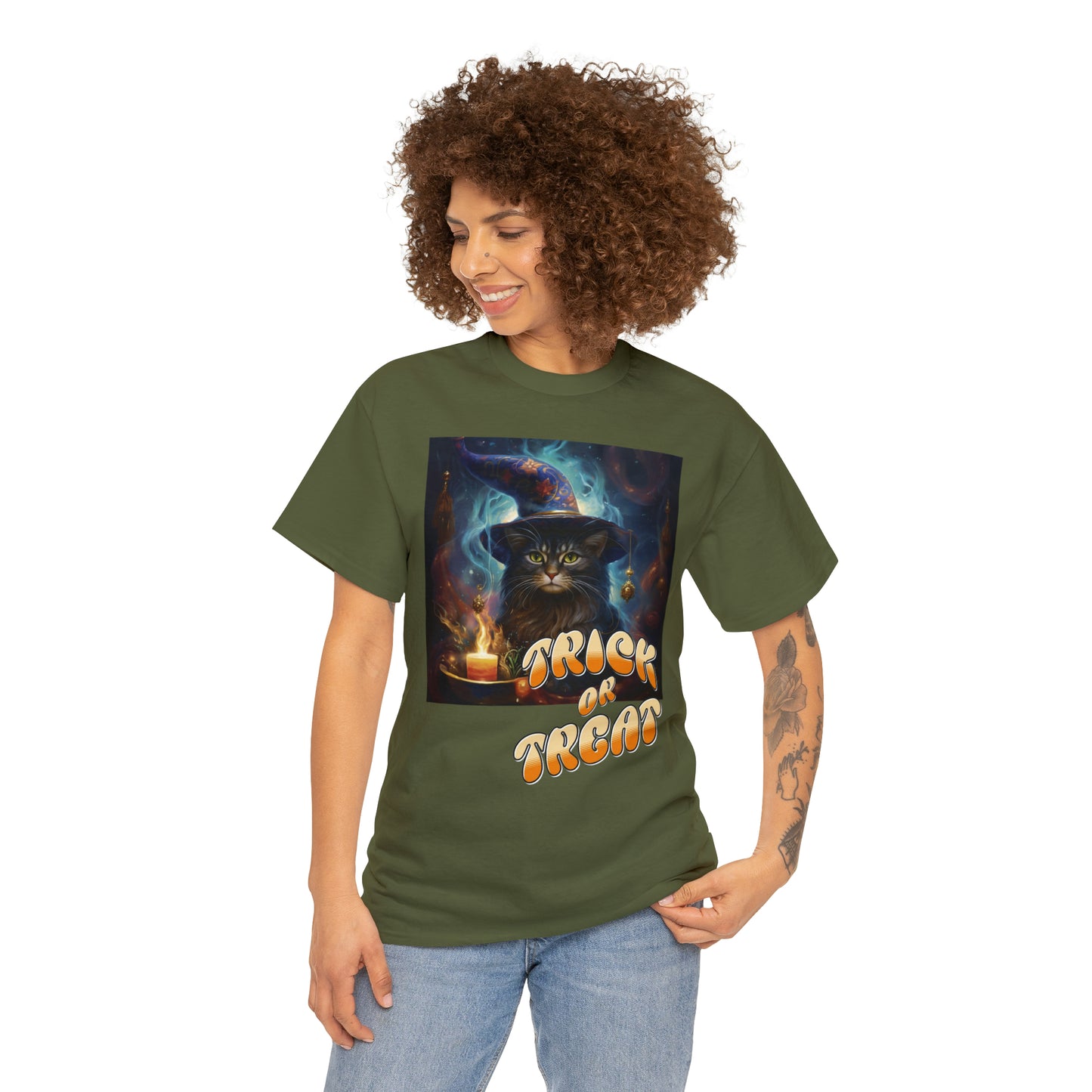 Unisex Cotton T-Shirt Trick or Treat Halloween Cat Graphic Costume Tee