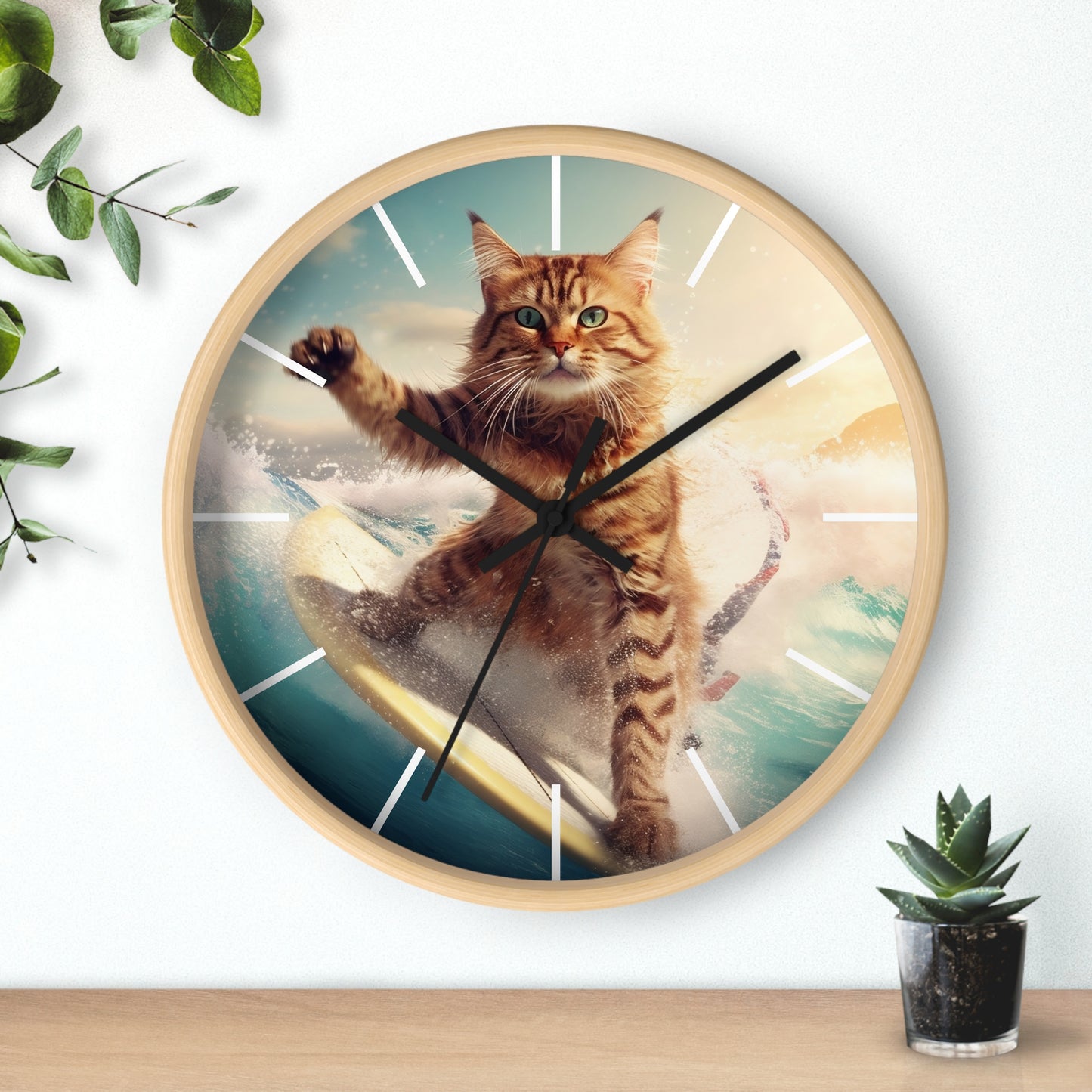 Wall Clock Brown Tabby Cat Surfing at Beach Home Decor