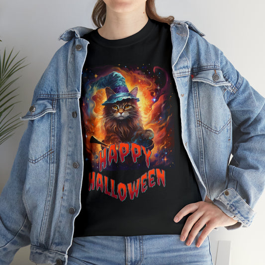 Unisex Cotton T-Shirt Happy Halloween Wizard Cat Graphic Costume Tee