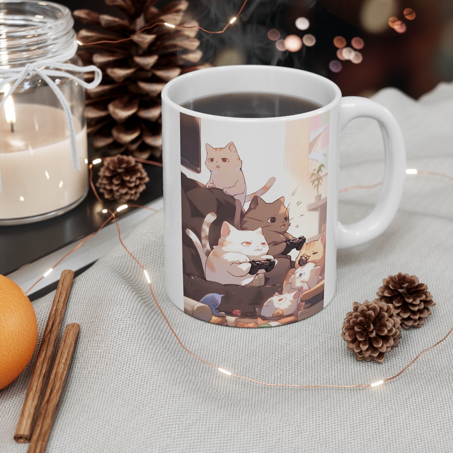 White Mug 11oz Cat Family Play Video Games Together Anime Style