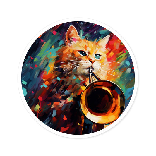 Round Vinyl Decals Sticker Trombonist Cat With Colorful Musical Waves