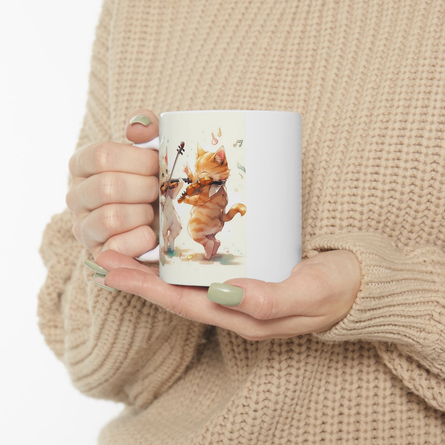 White Mug 11oz Twin Cats Playing Violin in Forest Anime Style