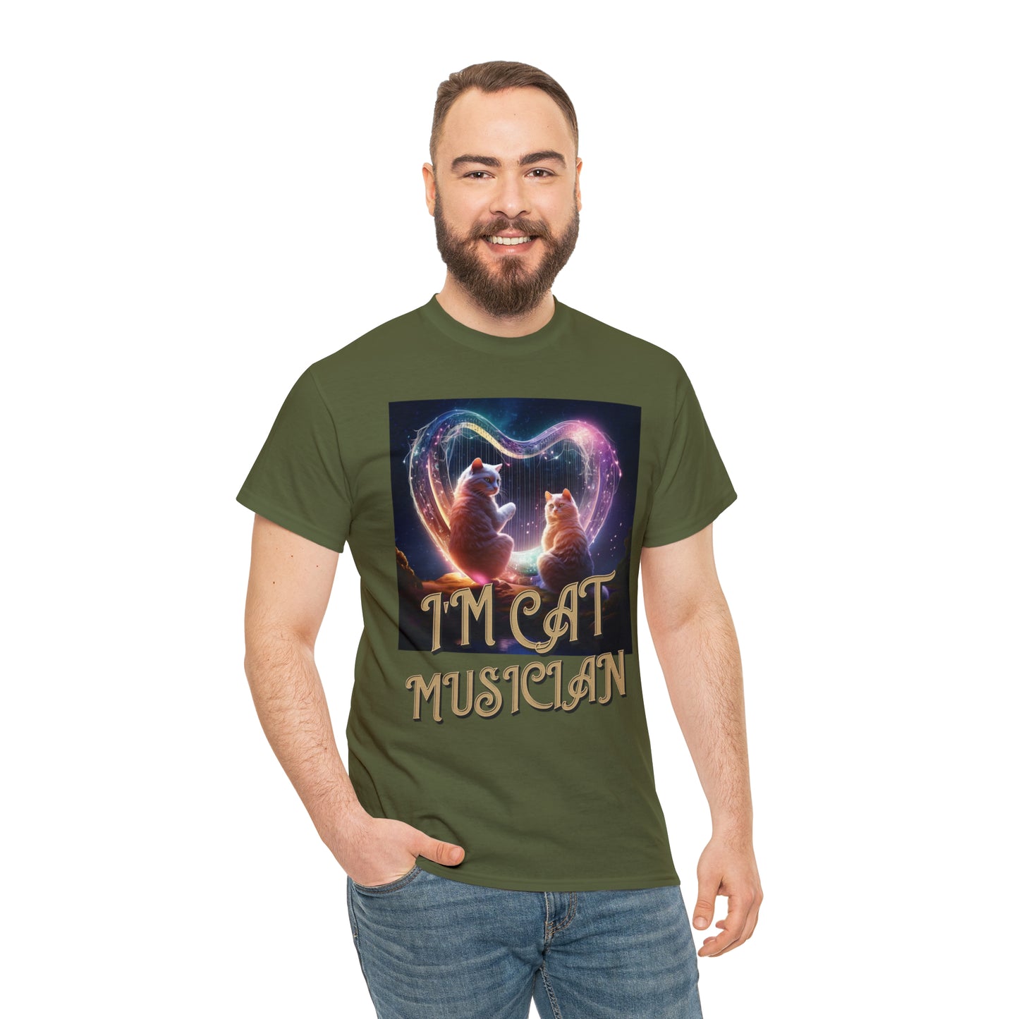 Unisex Cotton T-Shirt Cat Avatars Holographic Harp Strings Graphic Tee