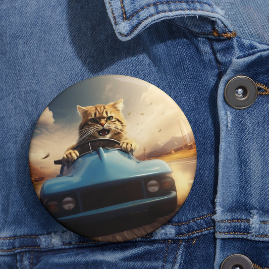 Pin Buttons Brown Tabby Cat Sports Car Graphic Badge