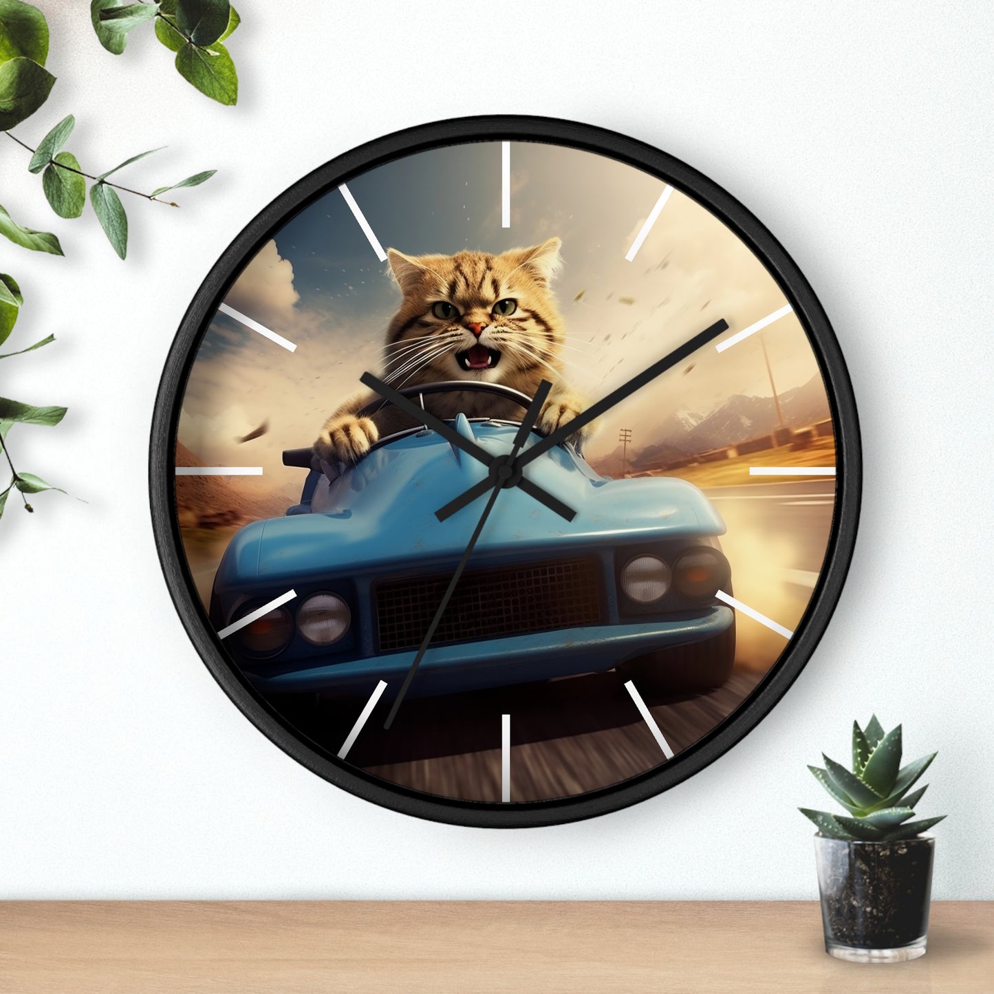 Wall Clock Brown Tabby Cat Sports Car Driver Home Decor