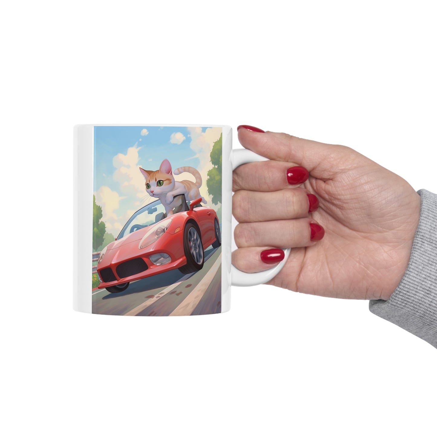 White Mug 11oz Orange Tabby Cat Riding Red Sports Car Anime Style