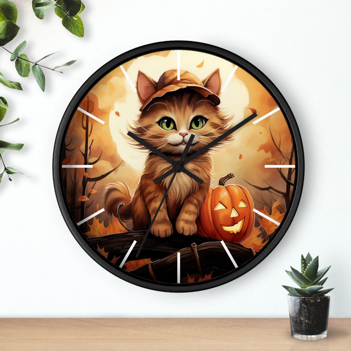 Wall Clock Ginger Cat With Jack O'Lantern Halloween Graphic Home Decor