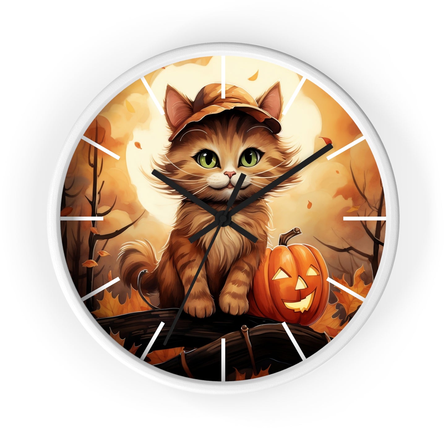 Wall Clock Ginger Cat With Jack O'Lantern Halloween Graphic Home Decor