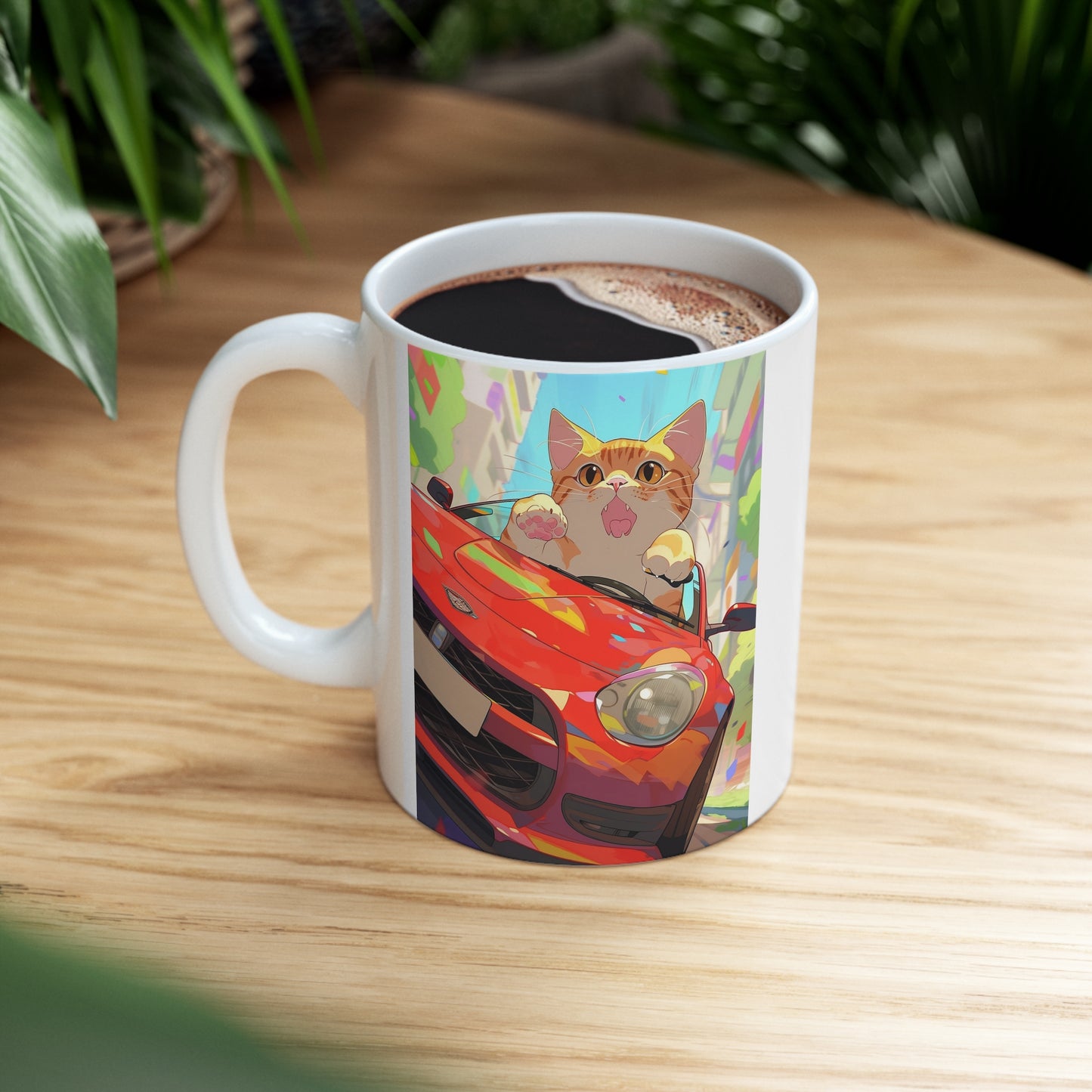 White Mug 11oz Orange Tabby Cat Kitty Riding Red Sports Car