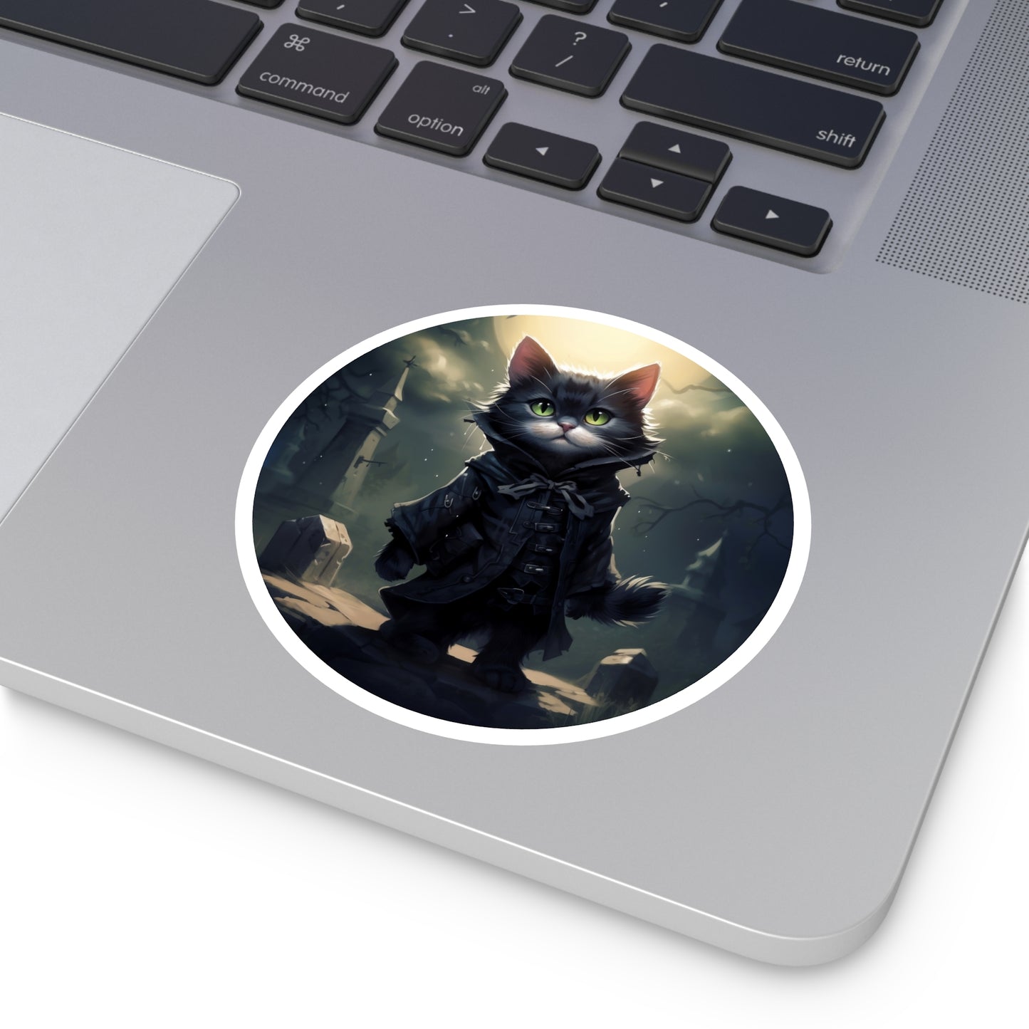 Round Vinyl Decals Sticker Halloween Vampire Cat in Moonlit Graveyard
