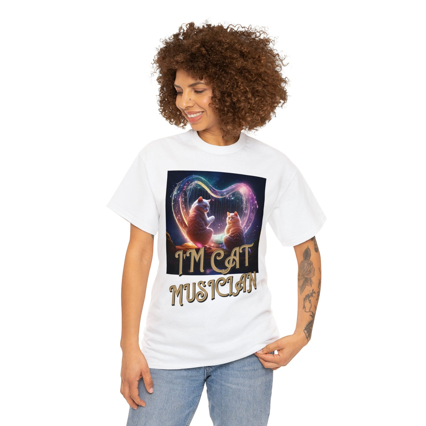 Unisex Cotton T-Shirt Cat Avatars Holographic Harp Strings Graphic Tee