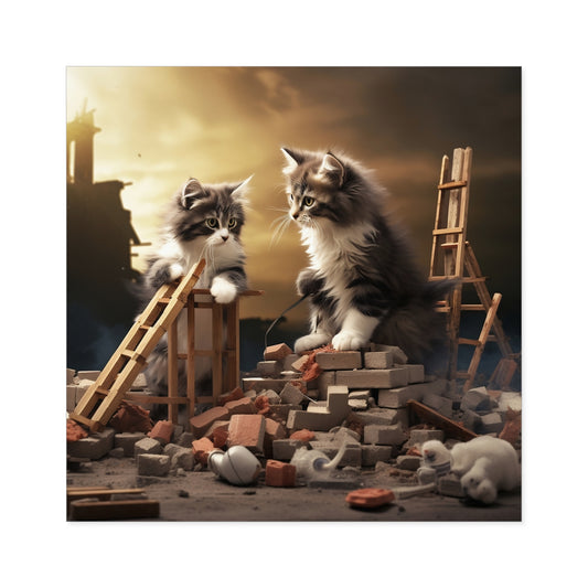 Square Vinyl Decals Sticker Tabby Cat Kitty Destroying Mini Building