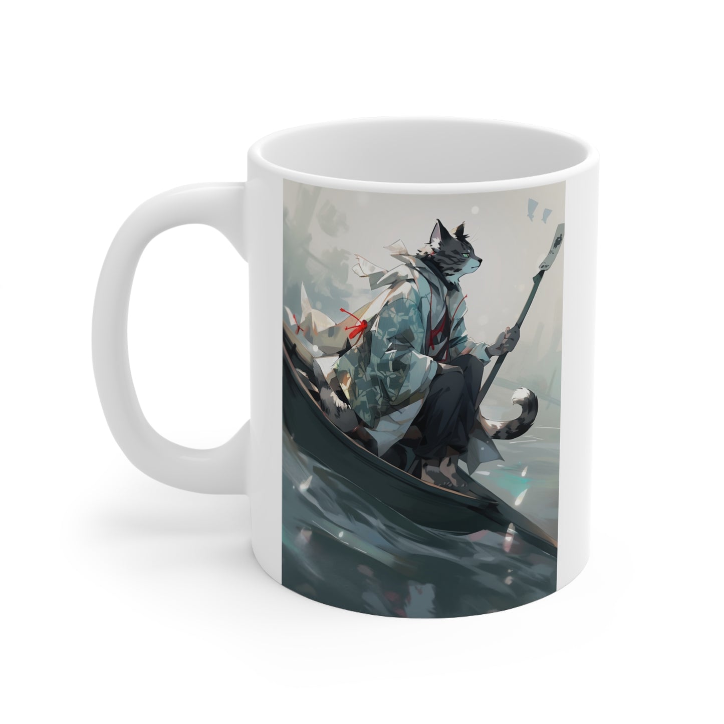 White Mug 11oz Gray Tabby Cat Samurai Sitting On Boat Anime Style