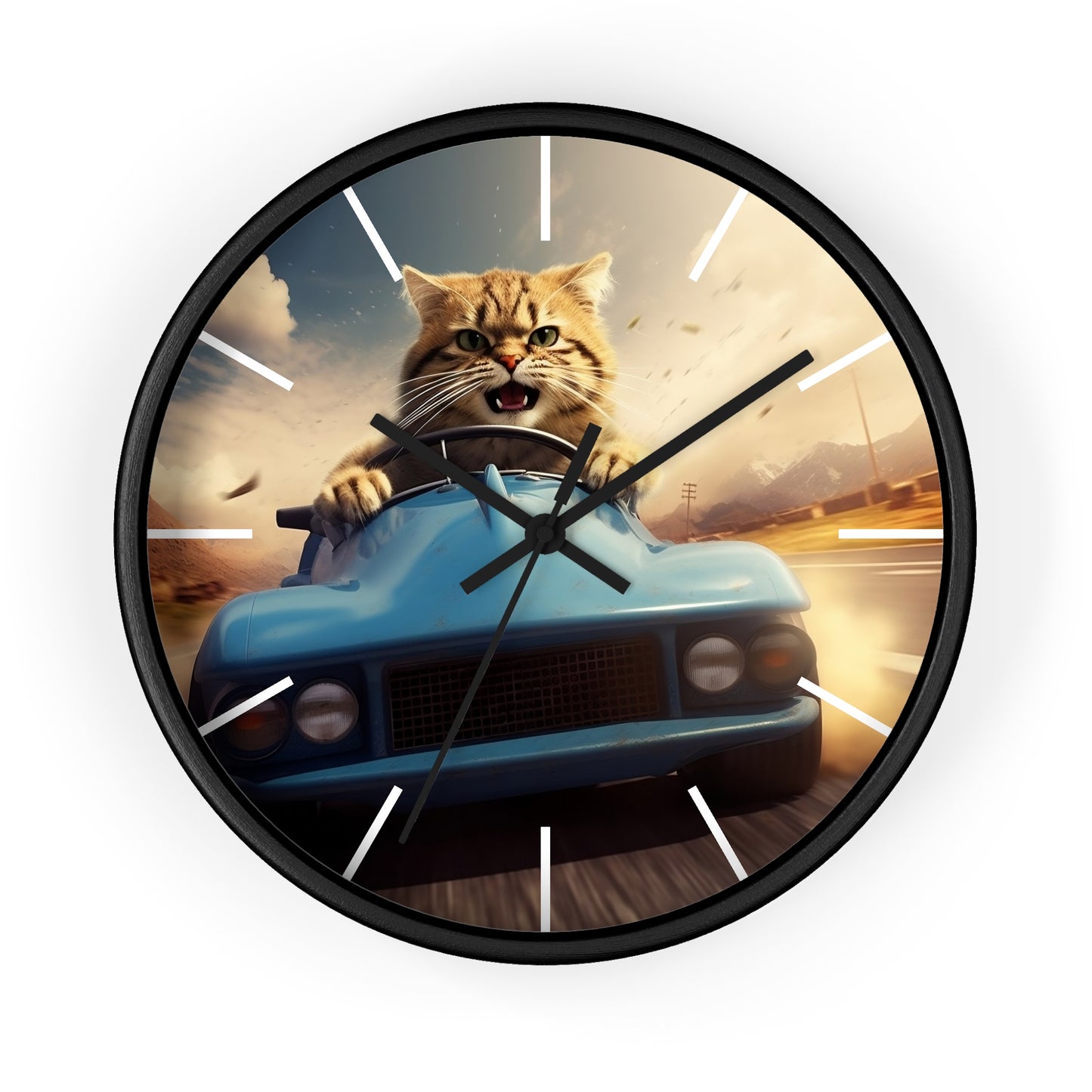 Wall Clock Brown Tabby Cat Sports Car Driver Home Decor