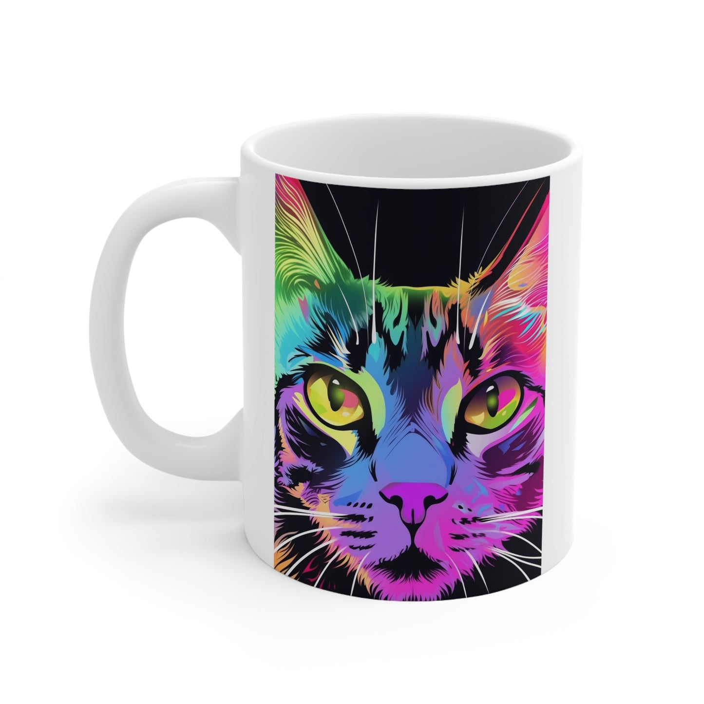 White Mug 11oz Colorful Rainbow Cat Kitty Staring At You