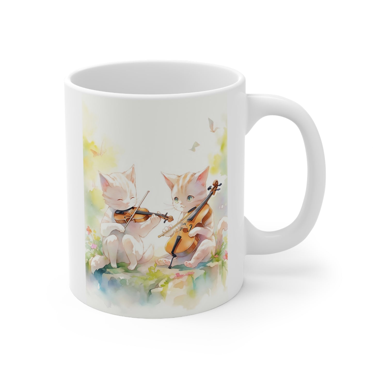 White Mug 11oz Twin White Cats Playing Violin in Forest Anime Style