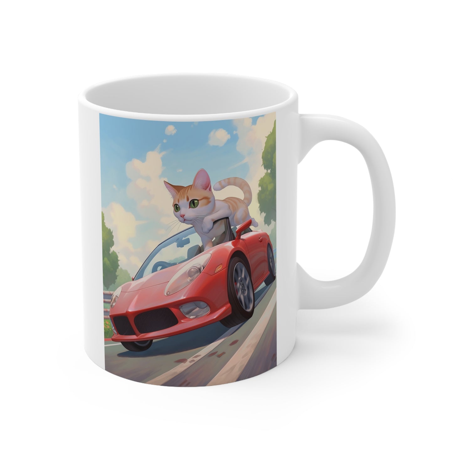 White Mug 11oz Orange Tabby Cat Riding Red Sports Car Anime Style