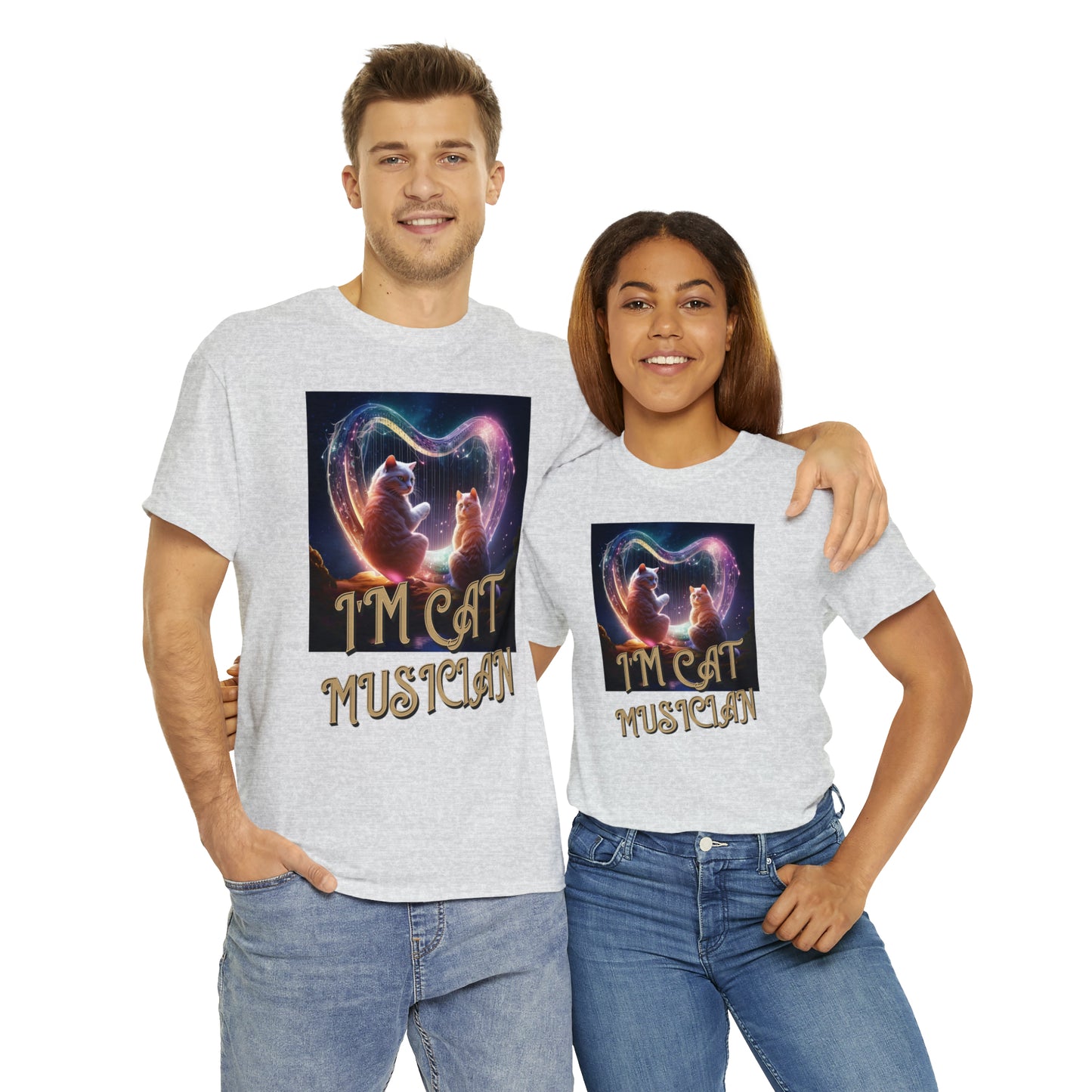 Unisex Cotton T-Shirt Cat Avatars Holographic Harp Strings Graphic Tee