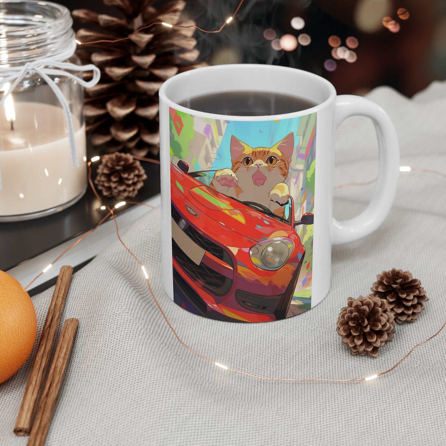 White Mug 11oz Orange Tabby Cat Kitty Riding Red Sports Car