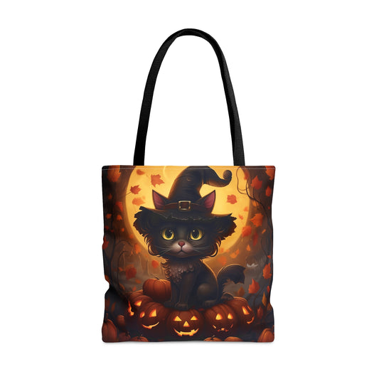 Black Kitty with Jack-o'-lantern Halloween Costume Reusable Tote Bag