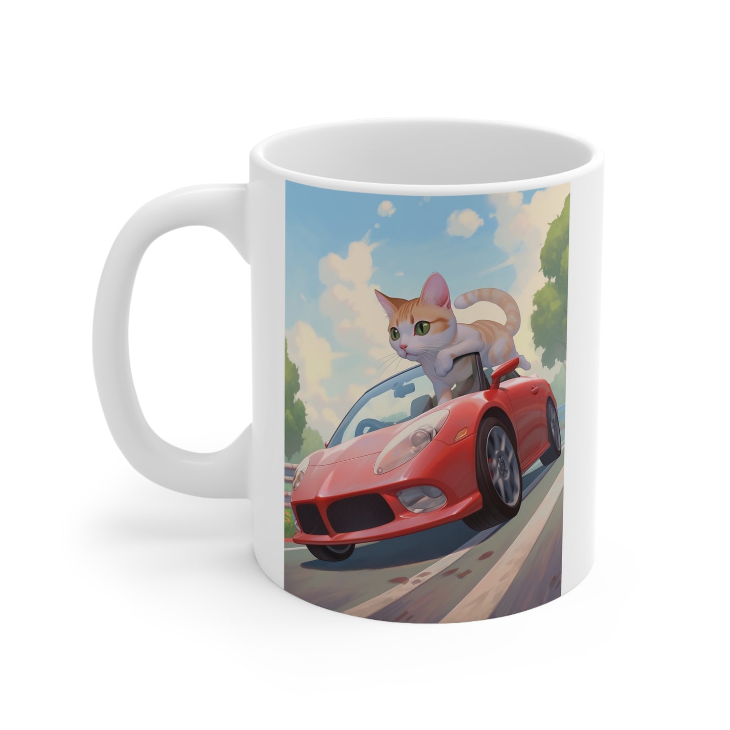 White Mug 11oz Orange Tabby Cat Riding Red Sports Car Anime Style