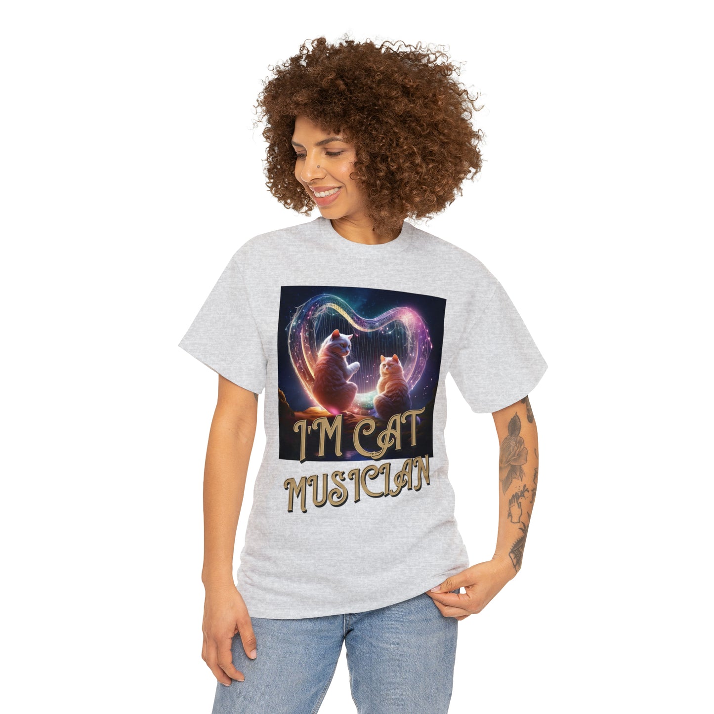 Unisex Cotton T-Shirt Cat Avatars Holographic Harp Strings Graphic Tee