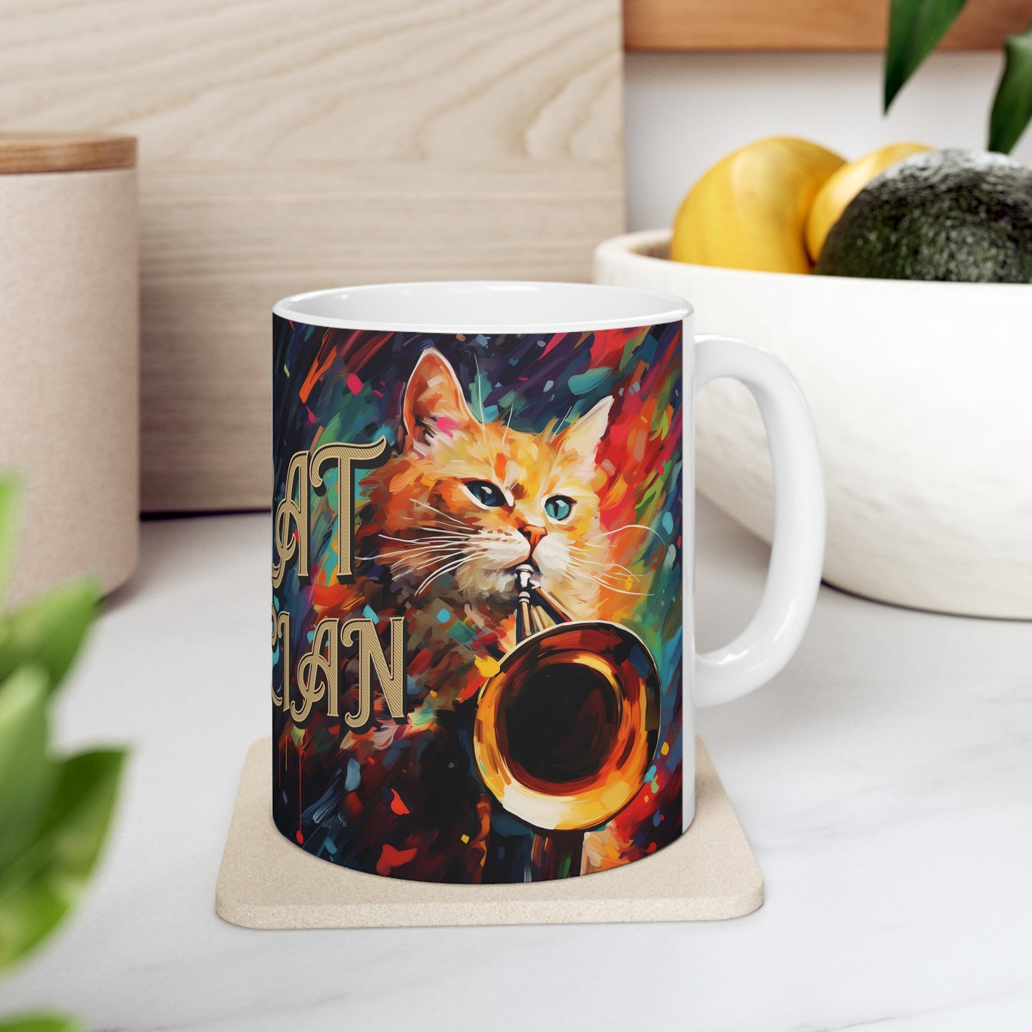 White Mug 11oz Abstract Ginger Cat Playing Trombone Music