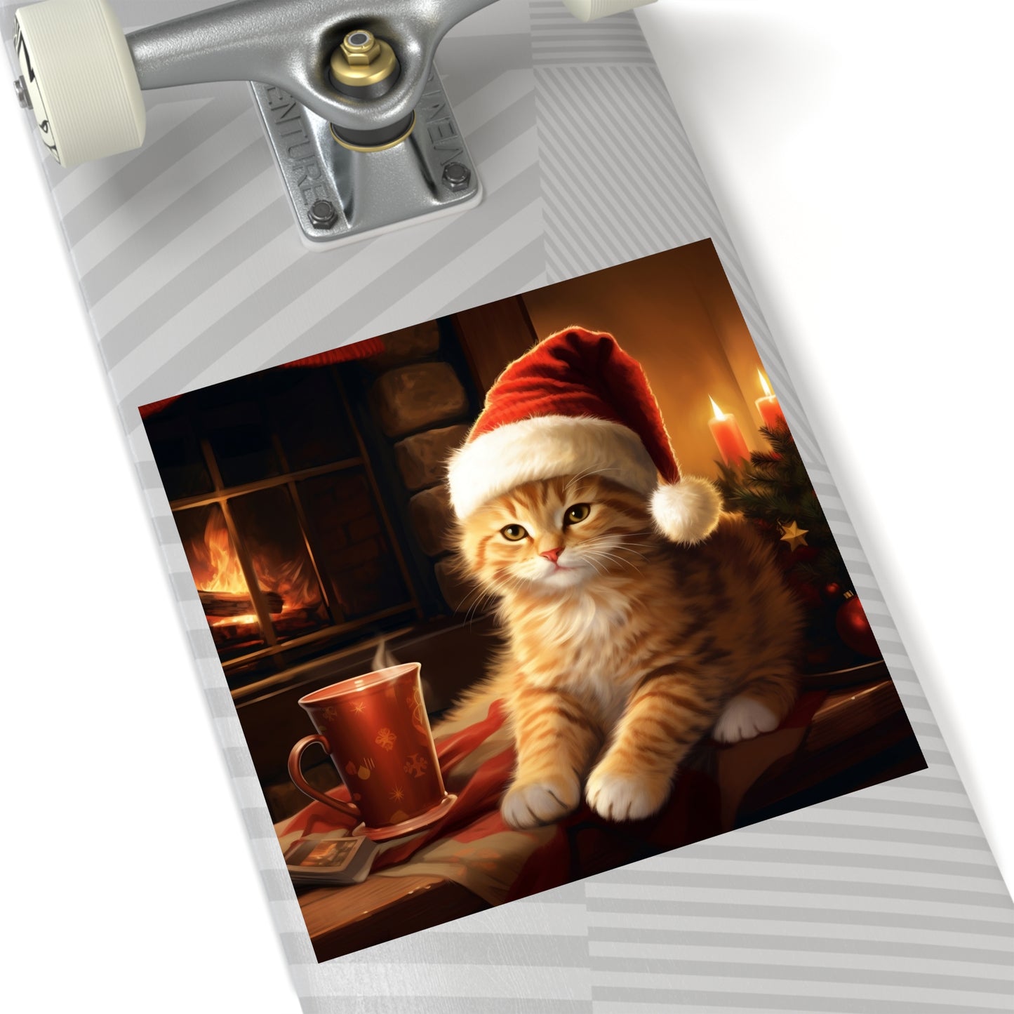 Square Vinyl Decals Sticker Christmas Santa Hat Cat Next to Fireplace