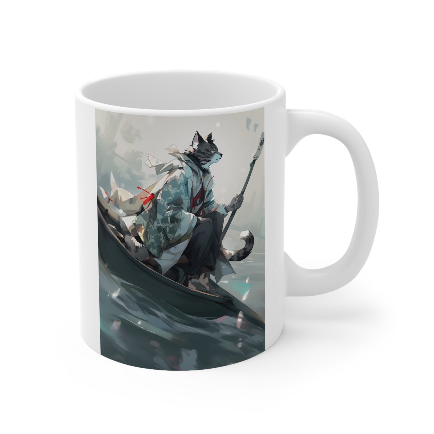 White Mug 11oz Gray Tabby Cat Samurai Sitting On Boat Anime Style