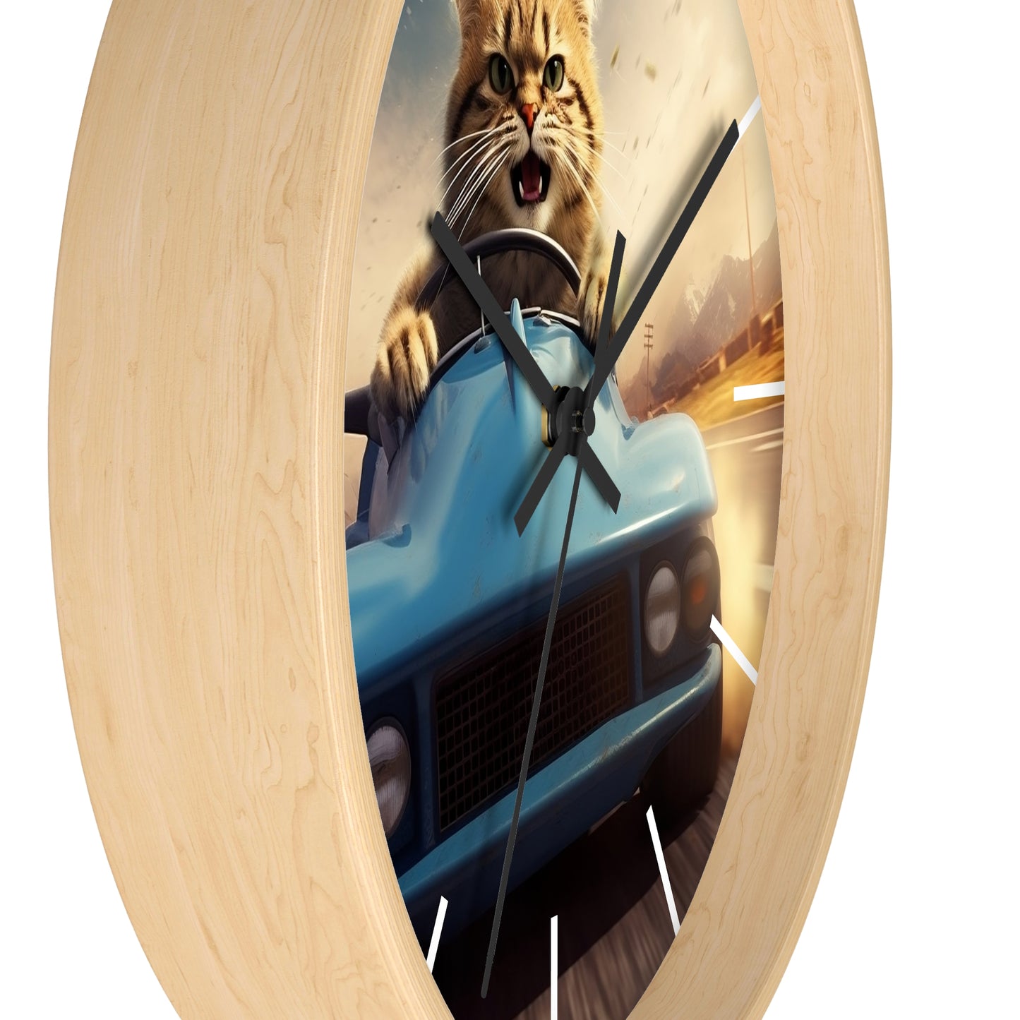 Wall Clock Brown Tabby Cat Sports Car Driver Home Decor