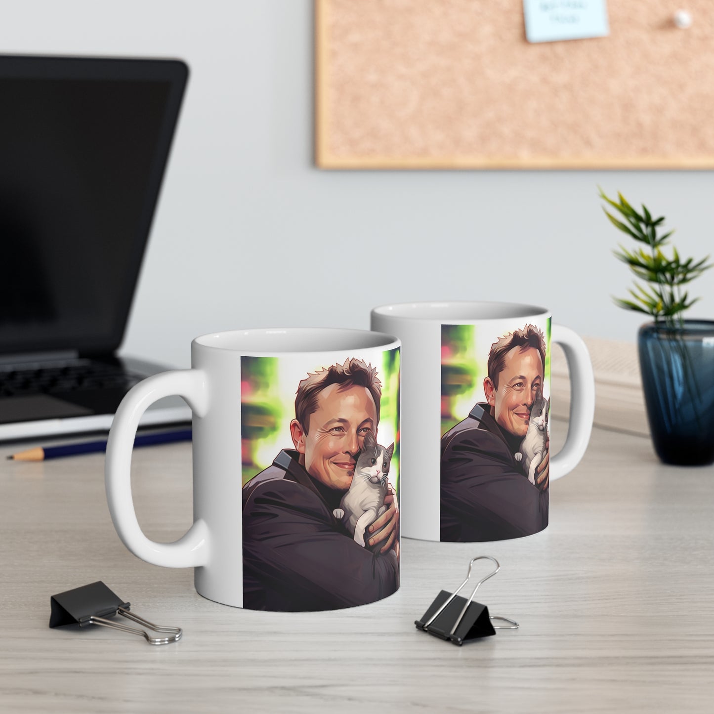 White Mug 11oz Elon Musk Hugging Cat Kitty Anime Style