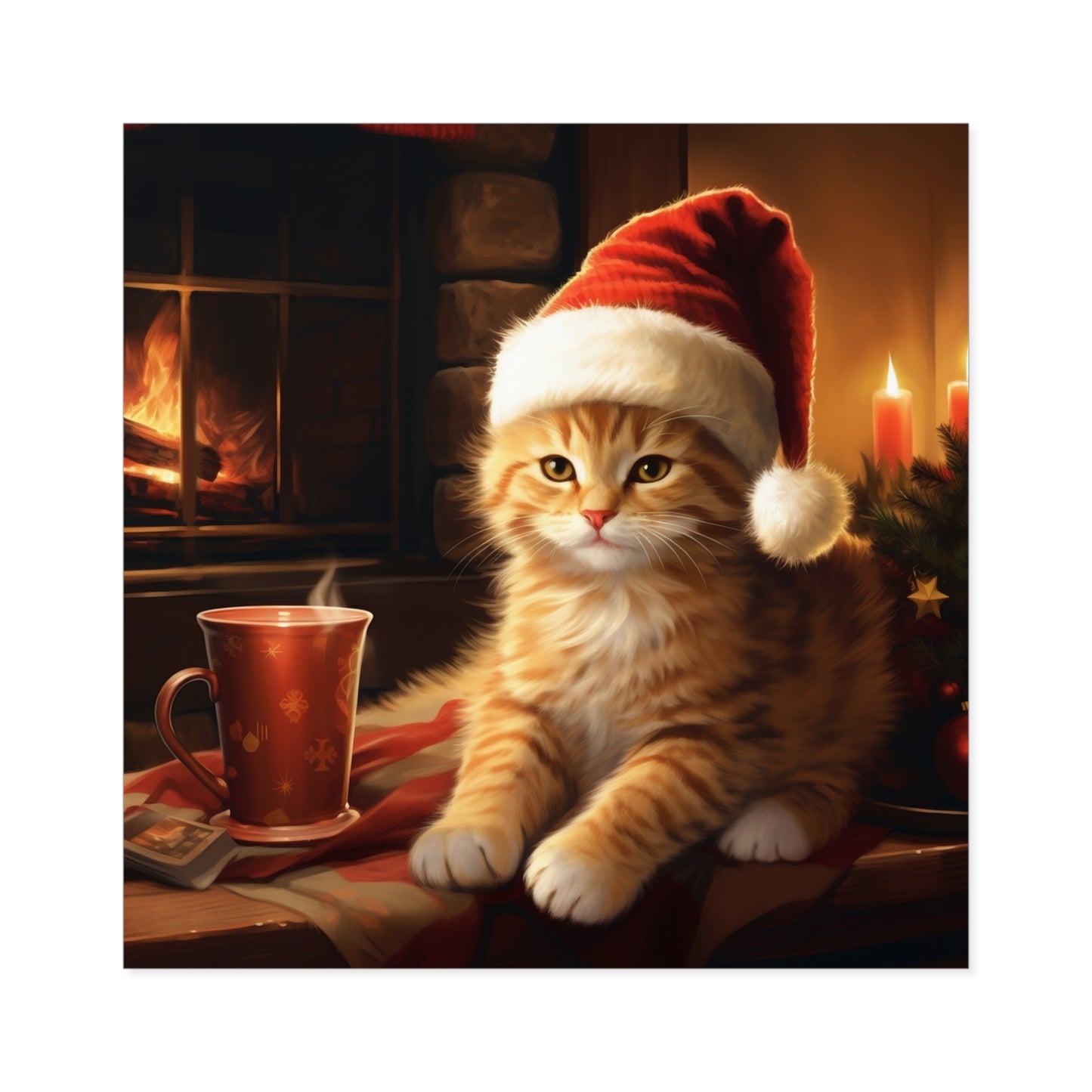 Square Vinyl Decals Sticker Christmas Santa Hat Cat Next to Fireplace