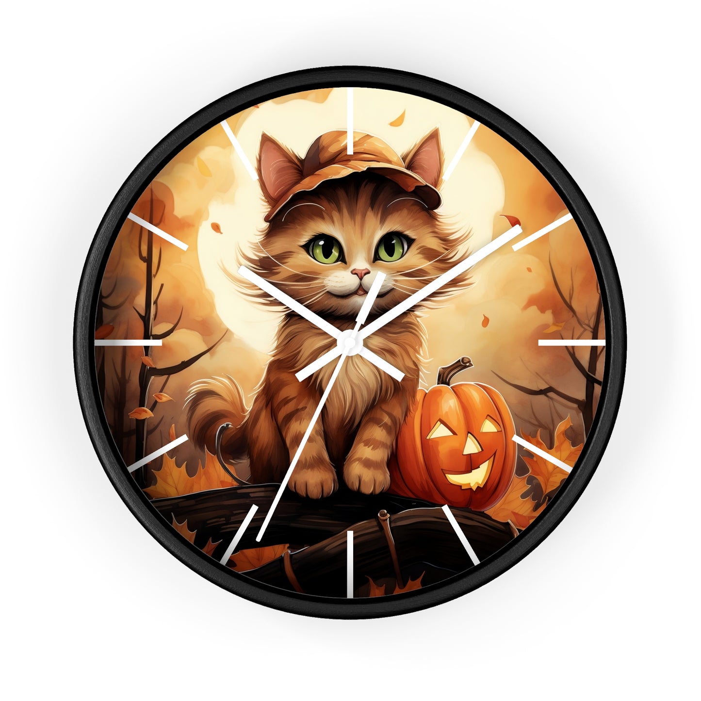 Wall Clock Ginger Cat With Jack O'Lantern Halloween Graphic Home Decor