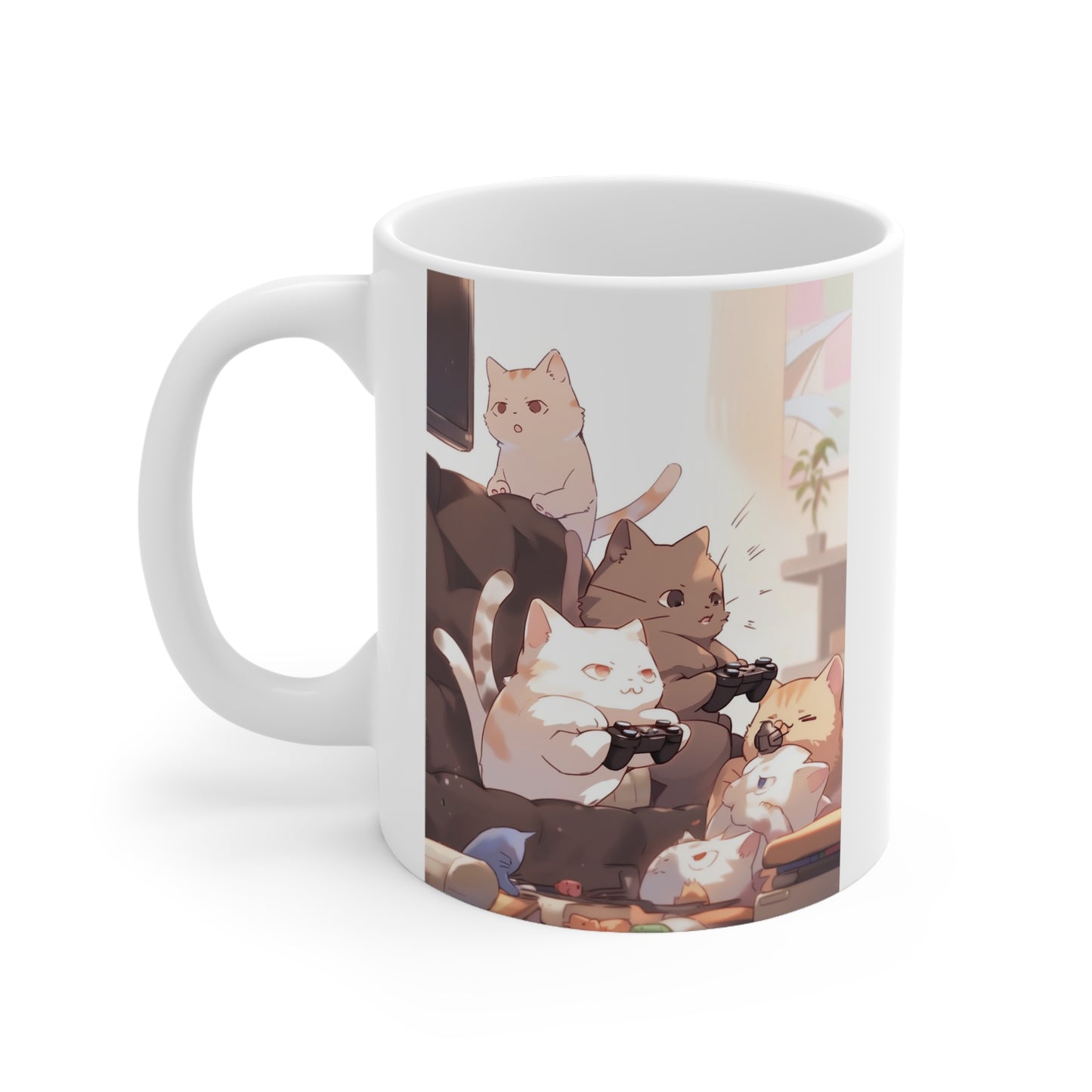 White Mug 11oz Cat Family Play Video Games Together Anime Style