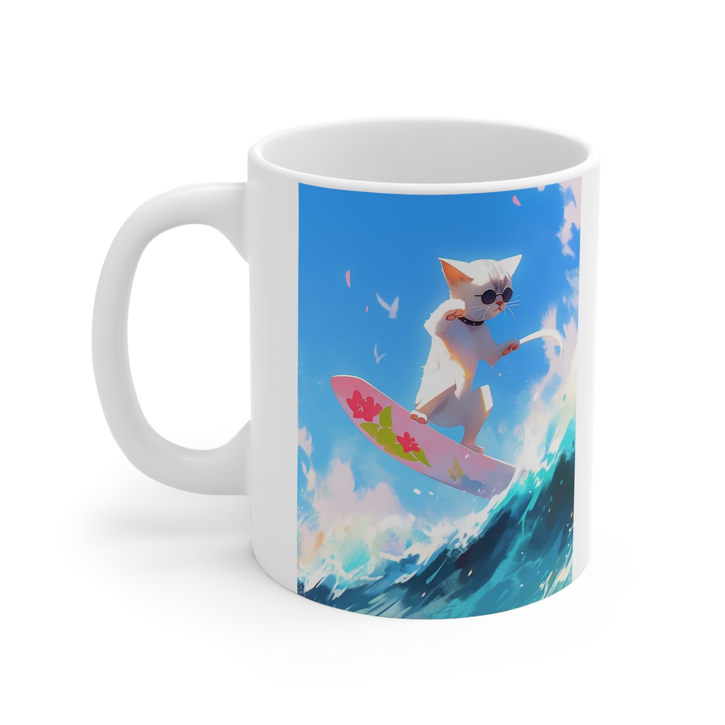 White Mug 11oz White Cat Kitty Surfing Summer Beach Vacation Time