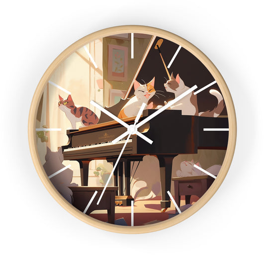 Wall Clock Cat Family Listening Piano Music Home Decor