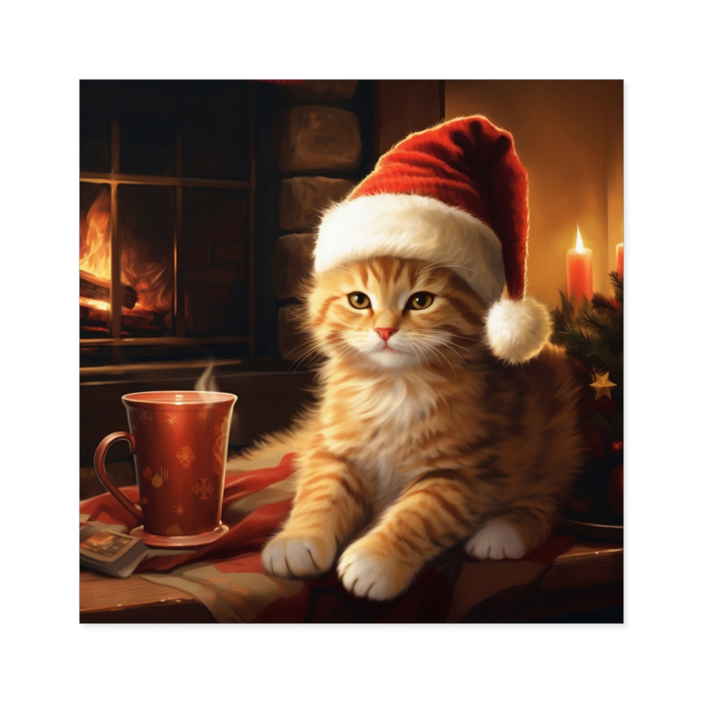 Square Vinyl Decals Sticker Christmas Santa Hat Cat Next to Fireplace