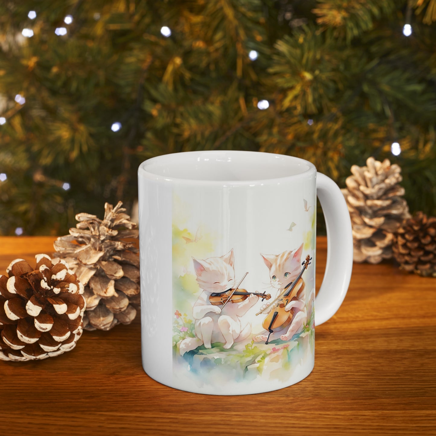 White Mug 11oz Twin White Cats Playing Violin in Forest Anime Style