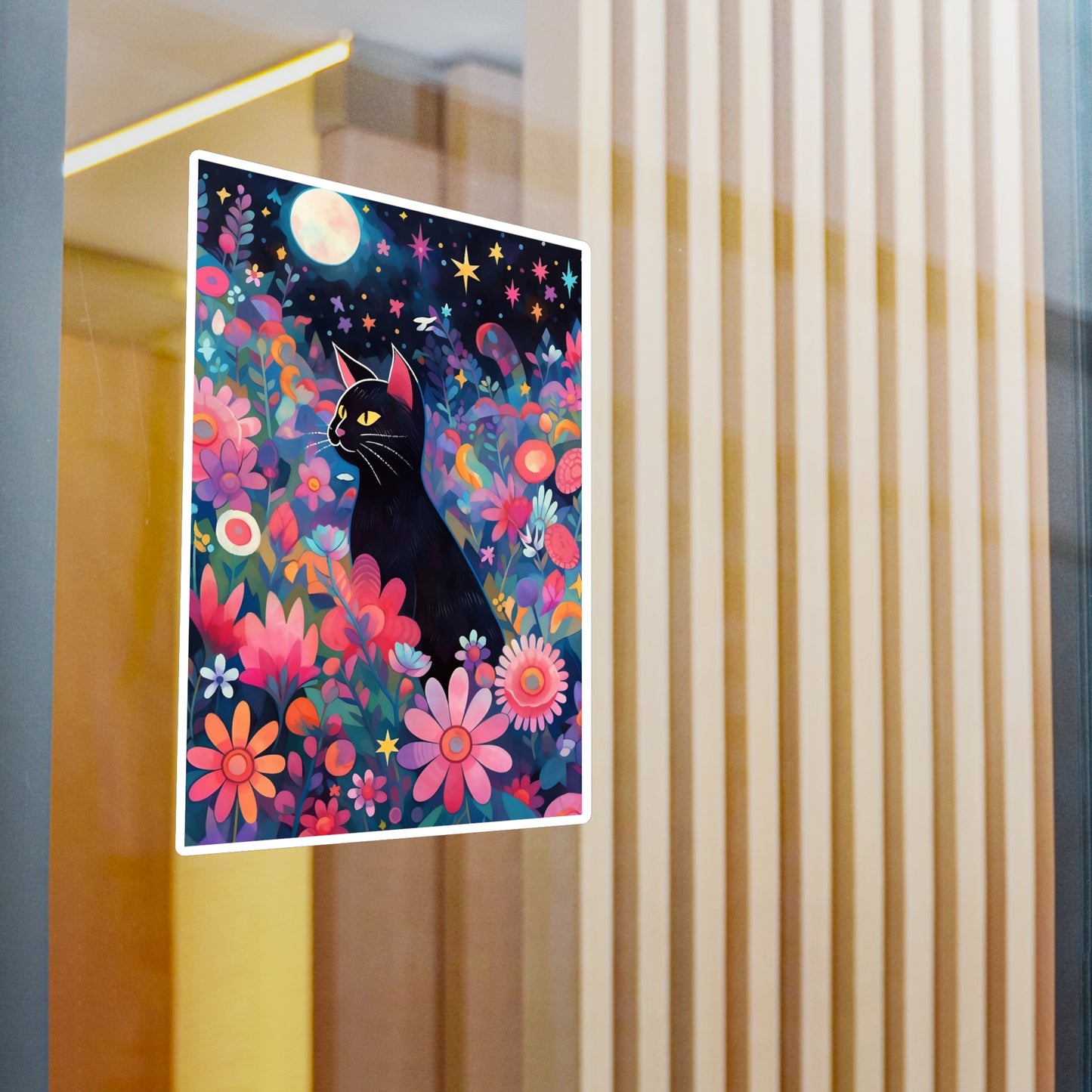 Kiss-Cut Vinyl Decals Sticker Black Cat Sit in a Magical Floral Garden