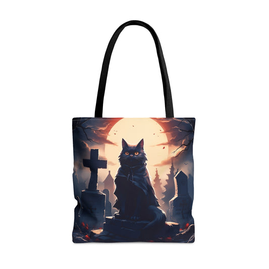 Vampire Cat in Moonlit Graveyard Halloween Costume Reusable Tote Bag