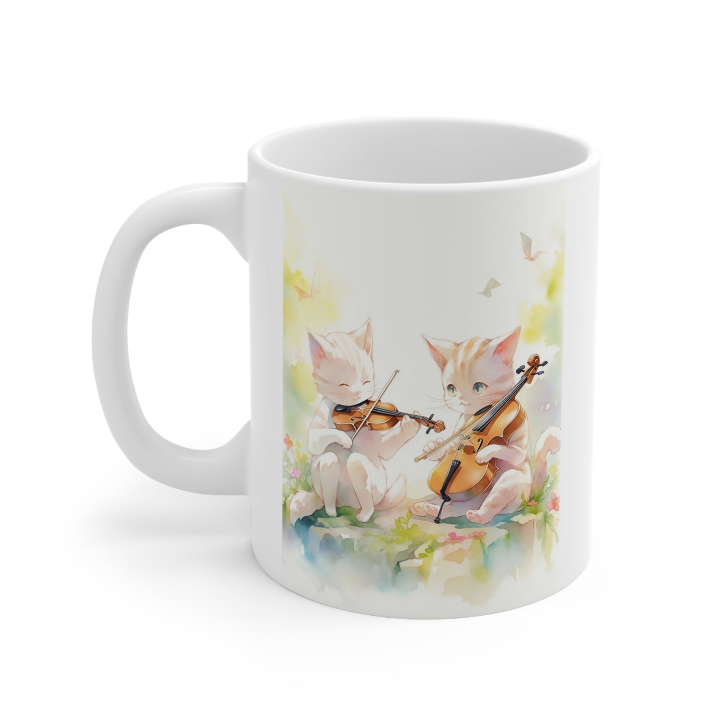 White Mug 11oz Twin White Cats Playing Violin in Forest Anime Style