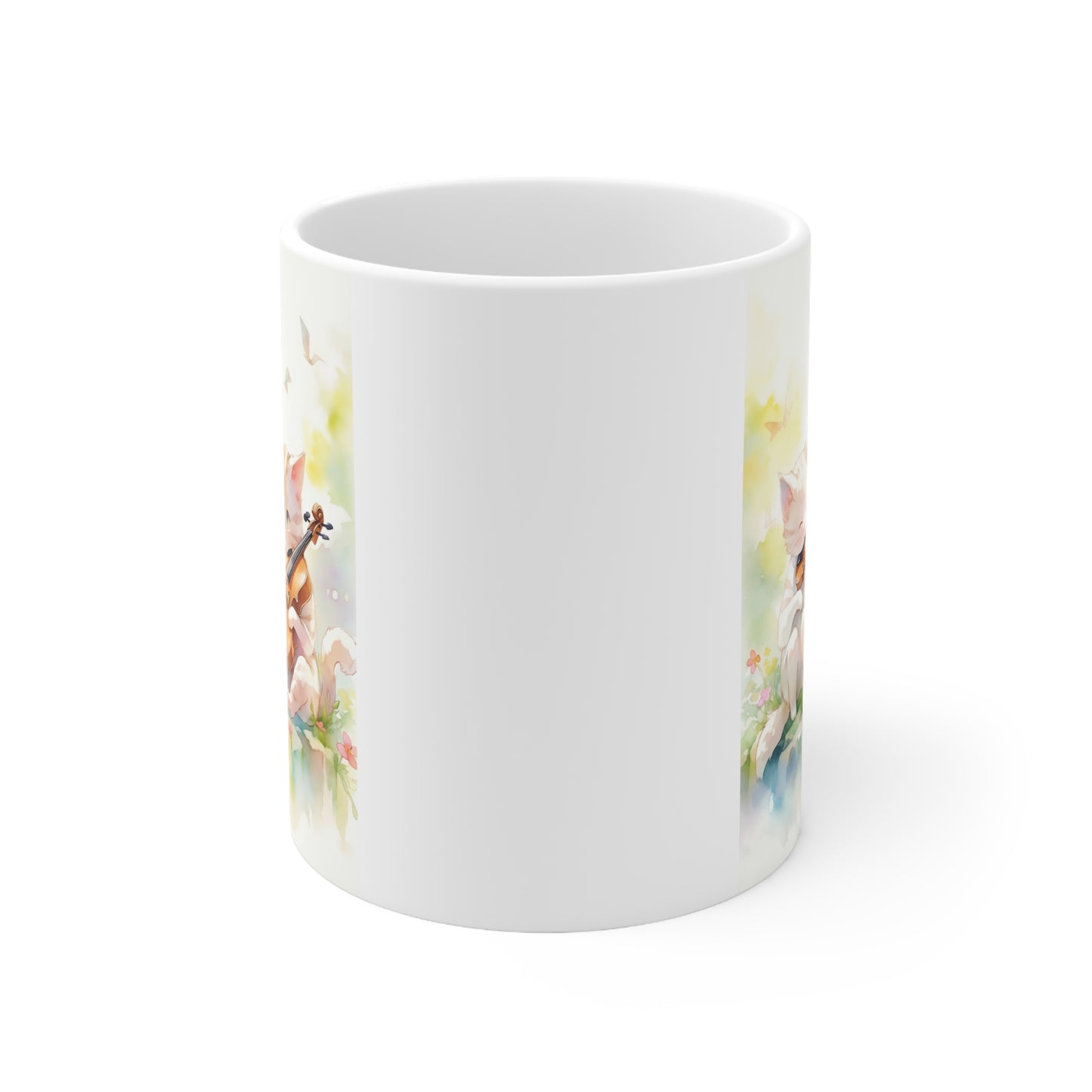 White Mug 11oz Twin White Cats Playing Violin in Forest Anime Style